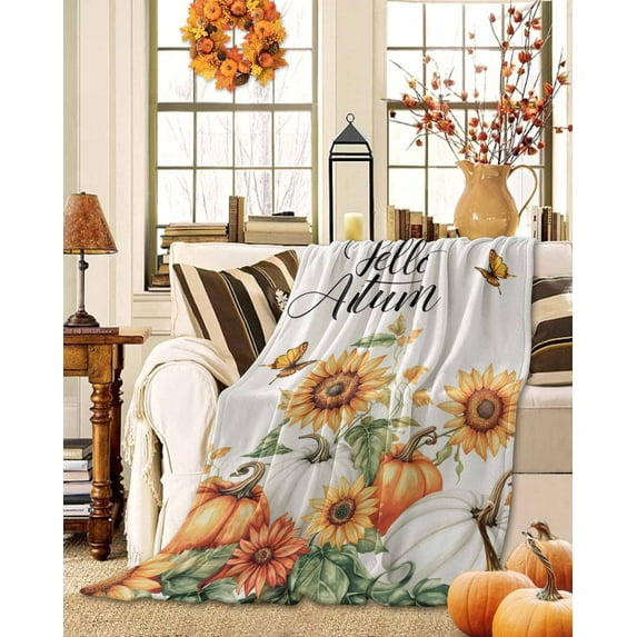 Throw Blanket Fleece Throw Blanket 50x60in, Hello Autumn Sunflower Pumpkin Soft Lightweight Bed Blankets Thanksgiving Plant Butterfly Fuzzy Couch Blankets for All Season