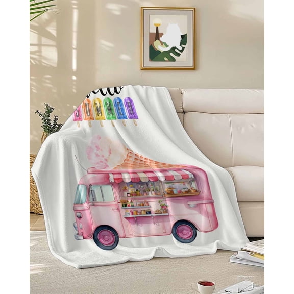 Throw Blanket Fleece Throw Blanket 50x60in, Hello Summer Ice Lolly Truck Soft Lightweight Bed Blankets Watercolor Sweet Dessert Fuzzy Couch Blankets for All Season