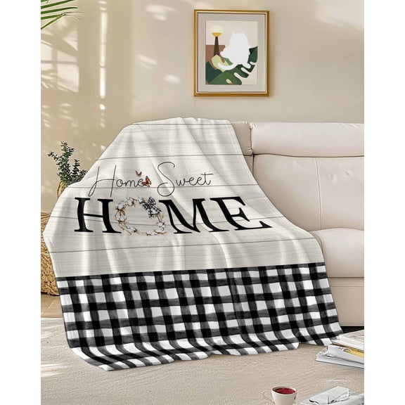 Throw Blanket Fleece Throw Blanket 50x60in, Home Black White Gingham Check Soft Lightweight Bed Blankets Farm Vintage Wood Board Fuzzy Couch Blankets for All Season