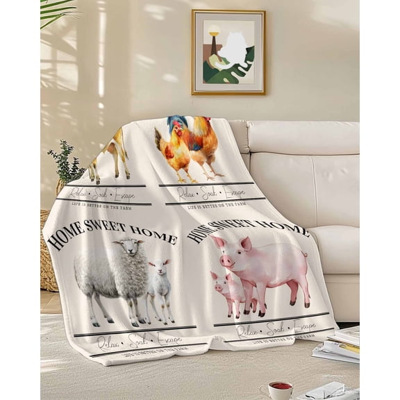 Throw Blanket Fleece Throw Blanket 50x60in, Home Cow Pig Chicken Sheep on Beige Soft Lightweight Bed Blankets Farmhouse Animal Fuzzy Couch Blankets for All Season