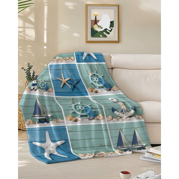 Throw Blanket Fleece Throw Blanket 50x60in, Lighthouse Compass Shell Starfish Sailboat Soft Lightweight Bed Blankets Summer Nautical Theme Fuzzy Couch Blankets for All Season