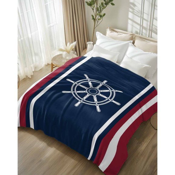 Throw Blanket Fleece Throw Blanket 50x60in, Medieval Nautical Ship Wheel Soft Lightweight Bed Blankets Vintage Red White Striped Fuzzy Couch Blankets for All Season