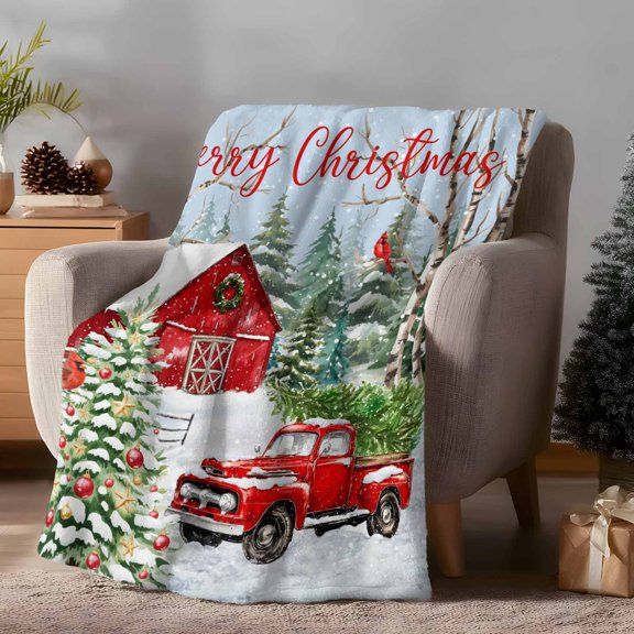 Throw Blanket Fleece Throw Blanket 50x60in, Merry Christmas Red Truck Soft Lightweight Bed Blankets Farm Pine Trees Barn House Fuzzy Couch Blankets for All Season