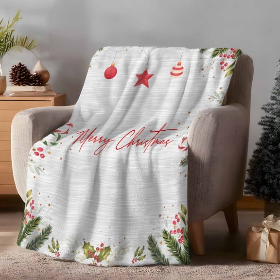 Throw Blanket Fleece Throw Blanket 50x60in, Merry Christmas Words Color Lights Soft Lightweight Bed Blankets Flowers Leafs Fuzzy Couch Blankets for All Season