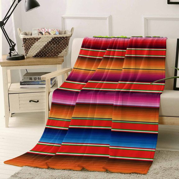 Throw Blanket Fleece Throw Blanket 50x60in, Mexican Colorful Ombre Stripes Soft Lightweight Bed Blankets Red Green Orange Blue Lines Fuzzy Couch Blankets for All Season