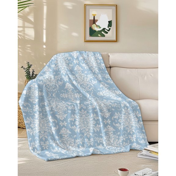 Throw Blanket Fleece Throw Blanket 50x60in, Mid Century Turkish Pattern on Blue Soft Lightweight Bed Blankets Abstract Retro Style Fuzzy Couch Blankets for All Season