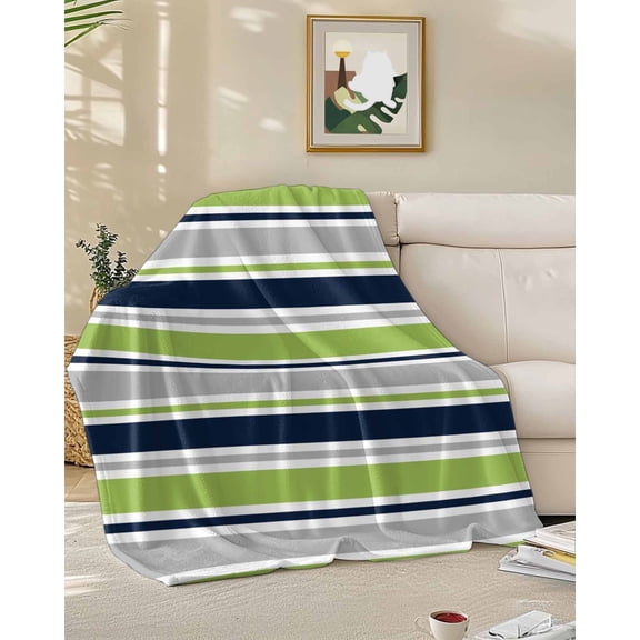 Throw Blanket Fleece Throw Blanket 50x60in, Minimalist Geometric Stripe Soft Lightweight Bed Blankets Modern Green Gray Navy Blue Line Fuzzy Couch Blankets for All Season
