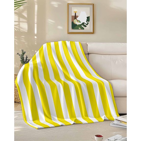 Throw Blanket Fleece Throw Blanket 50x60in, Minimalist Modern Yellow White Stripe Soft Lightweight Bed Blankets Simple Line Texture Fuzzy Couch Blankets for All Season
