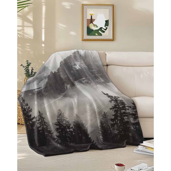 Throw Blanket Fleece Throw Blanket 50x60in, Misty Snow Mountains Soft Lightweight Bed Blankets Forest Landscape Grey Fuzzy Couch Blankets for All Season