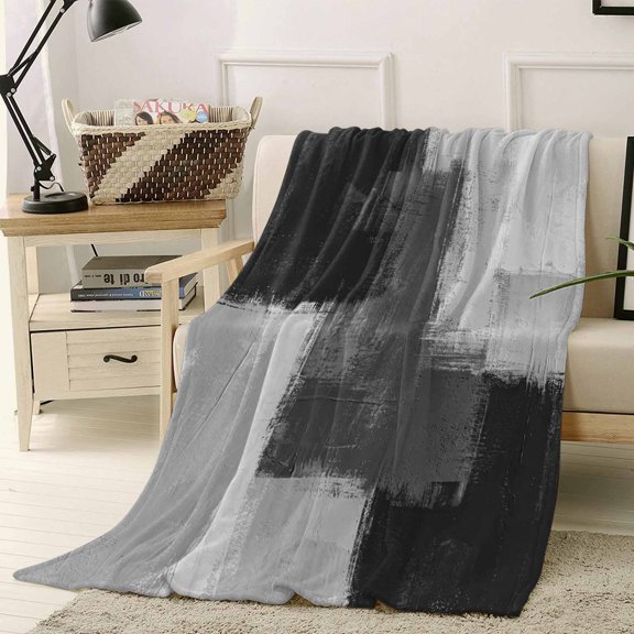 Throw Blanket Fleece Throw Blanket 50x60in, Modern Black Gray Color Block Soft Lightweight Bed Blankets Abstract Oil Painting Texture Fuzzy Couch Blankets for All Season