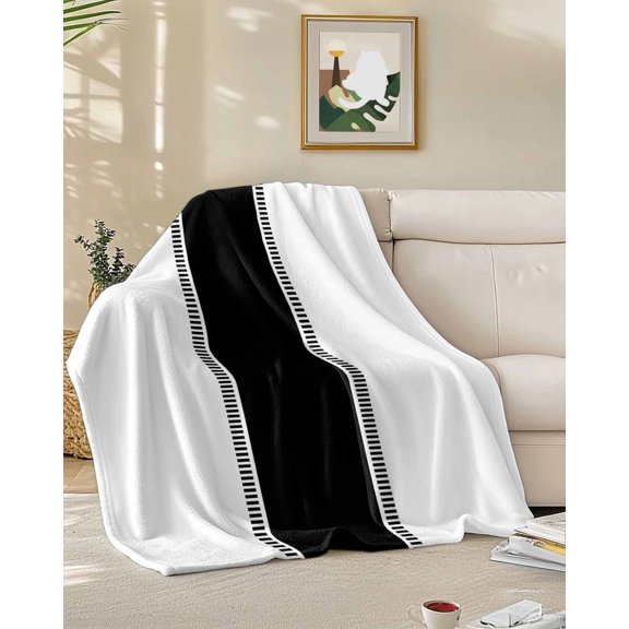 Throw Blanket Fleece Throw Blanket 50x60in, Modern Black Stripe on White Soft Lightweight Bed Blankets Minimalist Geometric Art Fuzzy Couch Blankets for All Season