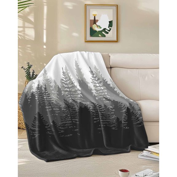 Throw Blanket Fleece Throw Blanket 50x60in, Modern Forest Trees Shadow Scene Soft Lightweight Bed Blankets Gradient Black Grey White Fuzzy Couch Blankets for All Season