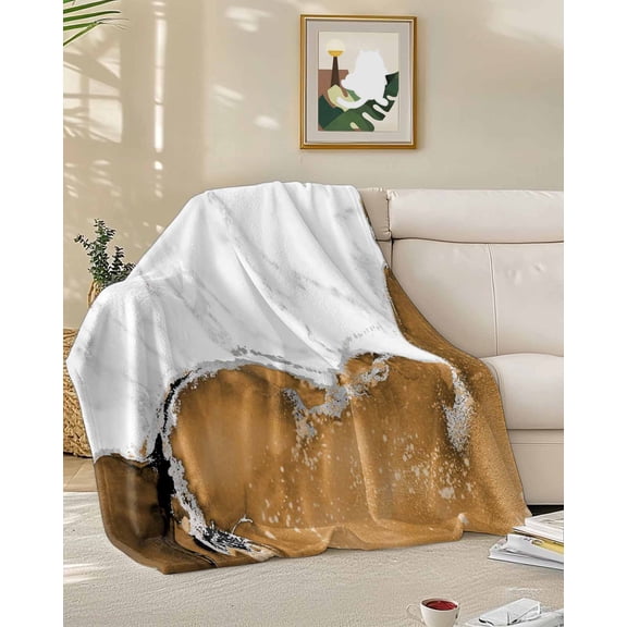Throw Blanket Fleece Throw Blanket 50x60in, Modern Marble Style Soft Lightweight Bed Blankets White Grey Yellow Stone Texture Fuzzy Couch Blankets for All Season