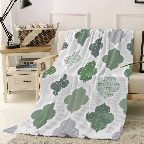 Throw Blanket Fleece Throw Blanket 50x60in, Moroccan Sage Green Geometric Soft Lightweight Bed Blankets Abstract Gray Stripes Fuzzy Couch Blankets for All Season