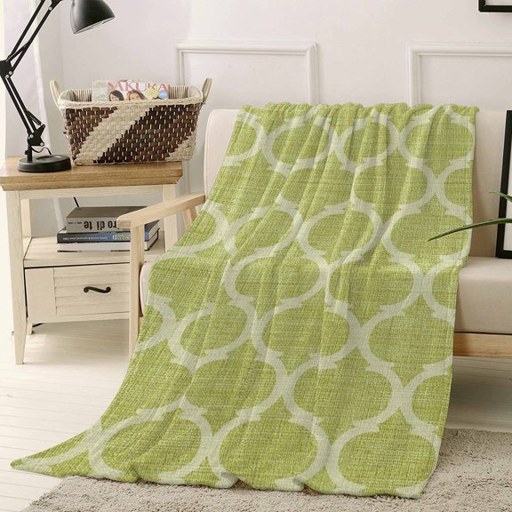 Throw Blanket Fleece Throw Blanket 50x60in, Morocco Green Geometric Soft Lightweight Bed Blankets Retro Ethnic Style Linen Texture Fuzzy Couch Blankets for All Season