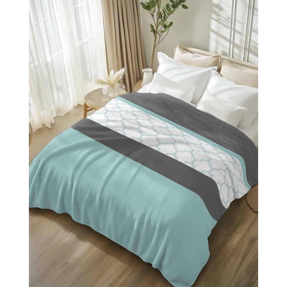 Throw Blanket Fleece Throw Blanket 50x60in, Morocco Plaid Teal Stripes Soft Lightweight Bed Blankets Abstract Geometric Stitching Fuzzy Couch Blankets for All Season