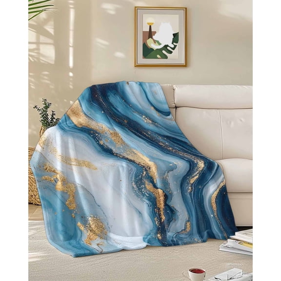Throw Blanket Fleece Throw Blanket 50x60in, Natural Marble Blue Gold Stripe Soft Lightweight Bed Blankets Abstract Stone Texture Ombre Fuzzy Couch Blankets for All Season