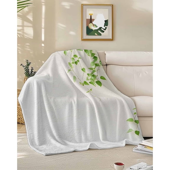 Throw Blanket Fleece Throw Blanket 50x60in, Nature Green Watercolor Leaf Vine Soft Lightweight Bed Blankets Elegant Plant Fuzzy Couch Blankets for All Season