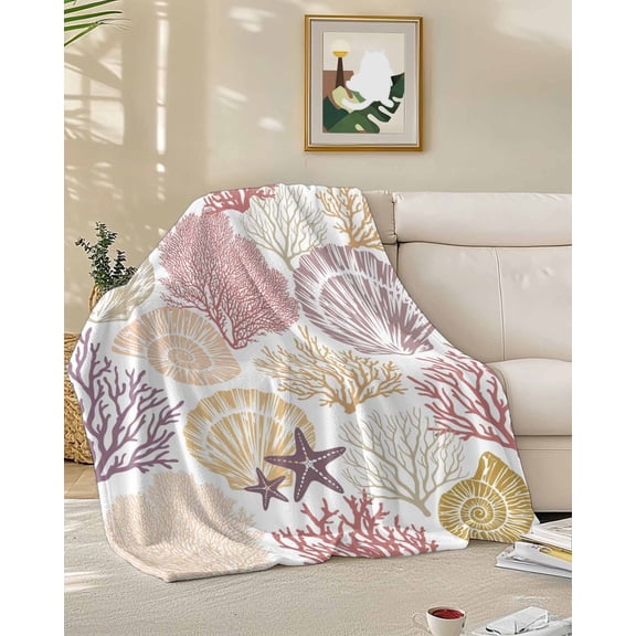 Throw Blanket Fleece Throw Blanket 50x60in, Nautical Shell Pink Coral Conch Soft Lightweight Bed Blankets Mbre Ocean Starfish Watercolor Fuzzy Couch Blankets for All Season