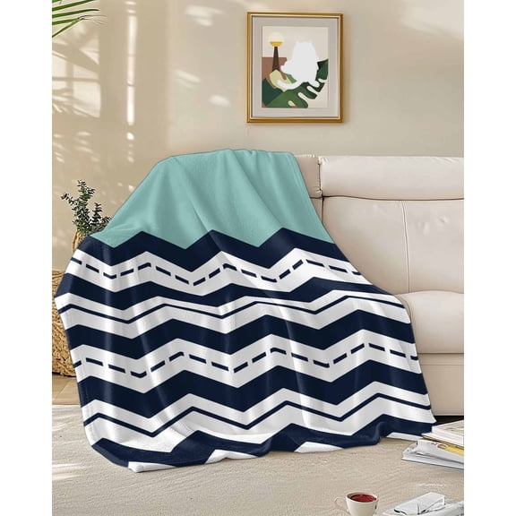 Throw Blanket Fleece Throw Blanket 50x60in, Navy Blue Wavy Abstract Geometric Soft Lightweight Bed Blankets Watercolor Zigzag Chevron Fuzzy Couch Blankets for All Season