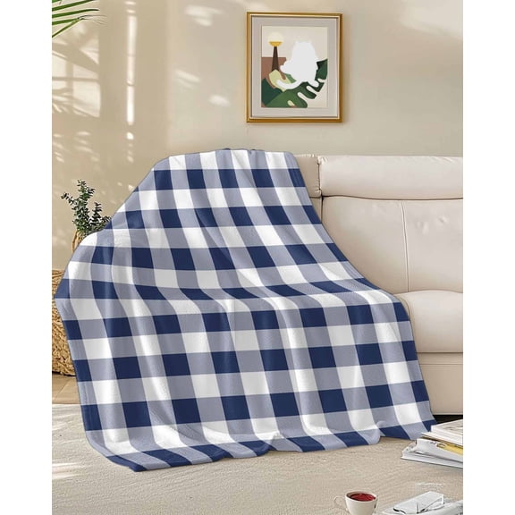Throw Blanket Fleece Throw Blanket 50x60in, Navy Blue and White Grid Soft Lightweight Bed Blankets Pastoral Farm Theme Fuzzy Couch Blankets for All Season