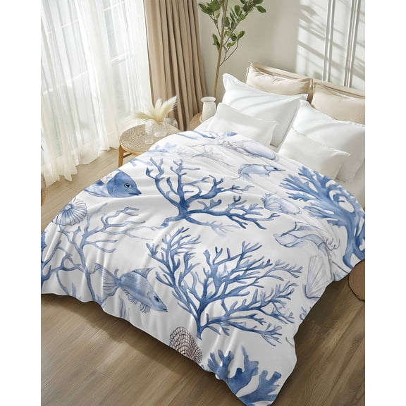 Throw Blanket Fleece Throw Blanket 50x60in, Ocean Fish Blue Coral Soft Lightweight Bed Blankets Summer Coastal Nautical Theme Fuzzy Couch Blankets for All Season