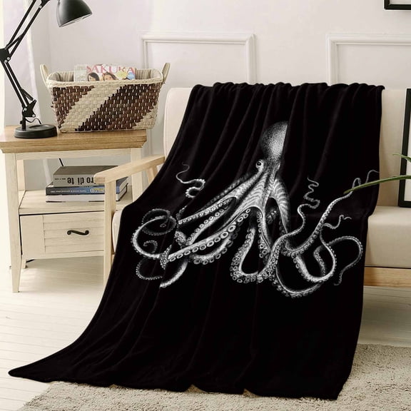 Throw Blanket Fleece Throw Blanket 50x60in, Ocean Octopus Marine Life Soft Lightweight Bed Blankets Huge Monster on Black Fuzzy Couch Blankets for All Season