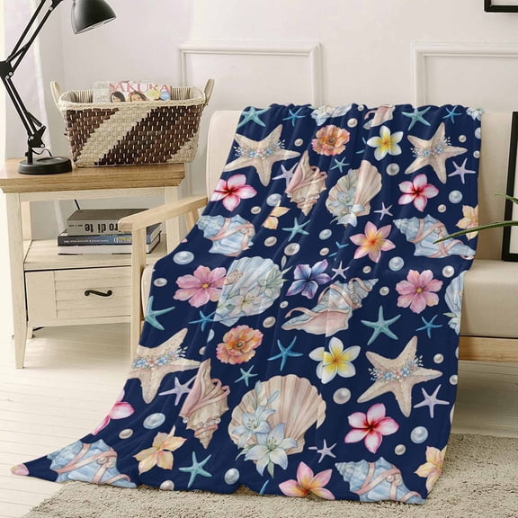 Throw Blanket Fleece Throw Blanket 50x60in, Ocean Starfish Shell Conch Pearl Soft Lightweight Bed Blankets Summer Flower Navy Blue Back Fuzzy Couch Blankets for All Season