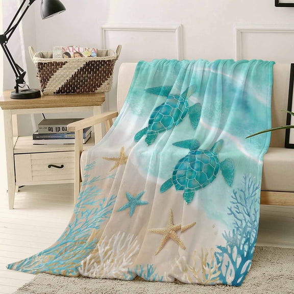 Throw Blanket Fleece Throw Blanket 50x60in, Ocean Turtle Starfish Coral Soft Lightweight Bed Blankets Summer Beach Marine Theme Fuzzy Couch Blankets for All Season