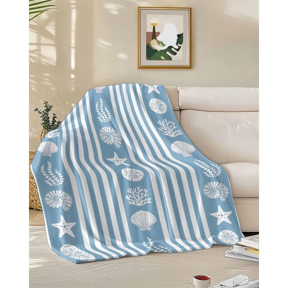 Throw Blanket Fleece Throw Blanket 50x60in, Oceans Shells Corals Soft Lightweight Bed Blankets Light Blue Stripes Fuzzy Couch Blankets for All Season