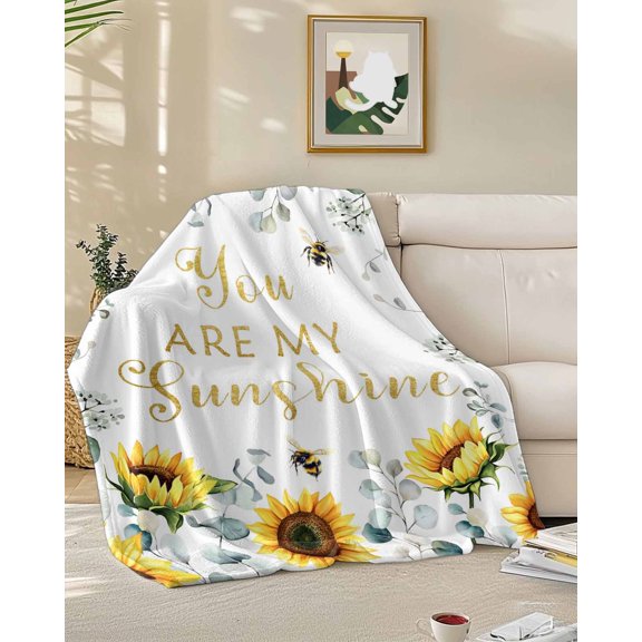 Throw Blanket Fleece Throw Blanket 50x60in, Pastoral Sunflower Green Eucalyptus Leaves Soft Lightweight Bed Blankets Sunshine Quote Fuzzy Couch Blankets for All Season
