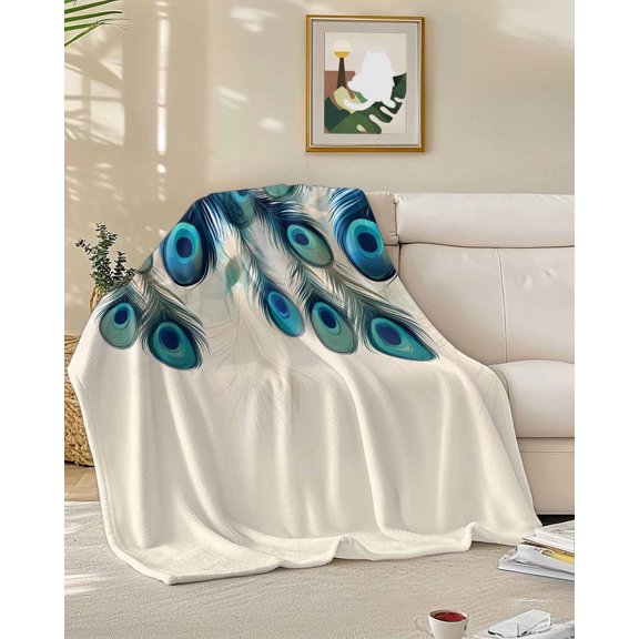 Throw Blanket Fleece Throw Blanket 50x60in, Peacock Feathers on Beige Soft Lightweight Bed Blankets Abstract Pattern Fuzzy Couch Blankets for All Season