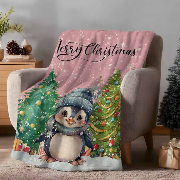 Throw Blanket Fleece Throw Blanket 50x60in, Penguins Christmas Tree Soft Lightweight Bed Blankets Winter Snowflakes Pink Back Fuzzy Couch Blankets for All Season