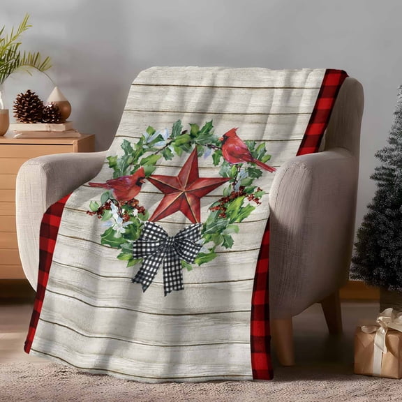 Throw Blanket Fleece Throw Blanket 50x60in, Pentagram Bird on Wood Board Soft Lightweight Bed Blankets Red Black Plaid Fuzzy Couch Blankets for All Season