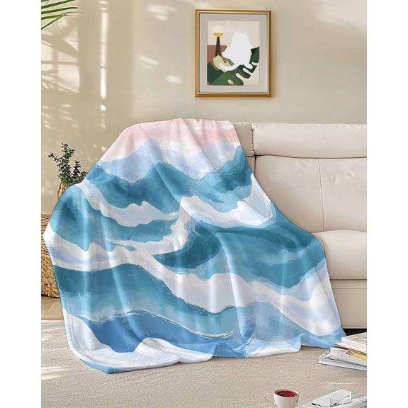 Throw Blanket Fleece Throw Blanket 50x60in, Pink Blue Gradient Ocean Wave Soft Lightweight Bed Blankets Watercolor Sea Stripes Fuzzy Couch Blankets for All Season