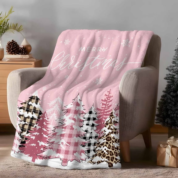 Throw Blanket Fleece Throw Blanket 50x60in, Pink Christmas Tree Leopard Print Soft Lightweight Bed Blankets Winter White Snowflakes Fuzzy Couch Blankets for All Season
