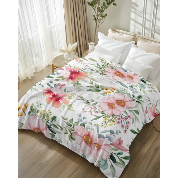 Throw Blanket Fleece Throw Blanket 50x60in, Pink Flower Green Leaves on White Soft Lightweight Bed Blankets Watercolor Floral Fuzzy Couch Blankets for All Season