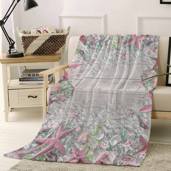 Throw Blanket Fleece Throw Blanket 50x60in, Pink Starfish Summer Beach Shell Soft Lightweight Bed Blankets Country Wooden Plank Fuzzy Couch Blankets for All Season