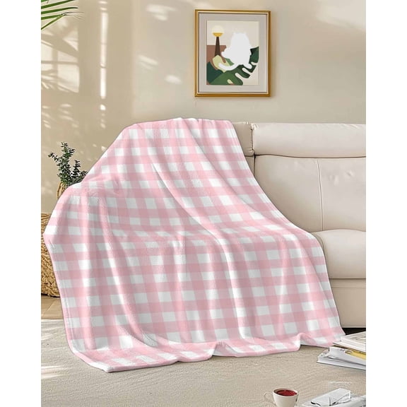Throw Blanket Fleece Throw Blanket 50x60in, Pink White Buffalo Plaid Soft Lightweight Bed Blankets Modern Geometric Checkered Fuzzy Couch Blankets for All Season
