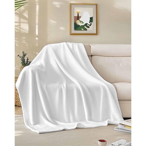 Throw Blanket Fleece Throw Blanket 50x60in, Pure White Soft Lightweight Bed Blankets Minimalist Solid Color Fuzzy Couch Blankets for All Season