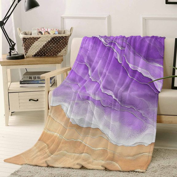 Throw Blanket Fleece Throw Blanket 50x60in, Purple Beige Ocean Waves Soft Lightweight Bed Blankets Beach Stripe Water Ripple Fuzzy Couch Blankets for All Season