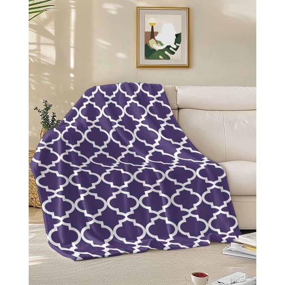 Throw Blanket Fleece Throw Blanket 50x60in, Purple Morocco Ethnic Pattern Soft Lightweight Bed Blankets Geometric Tile Lattice Texture Fuzzy Couch Blankets for All Season