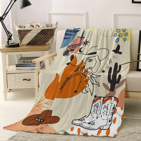 Throw Blanket Fleece Throw Blanket 50x60in, Retro Boho Color Block Tropical Desert Soft Lightweight Bed Blankets Cowboy Boot Hat Leaves Fuzzy Couch Blankets for All Season