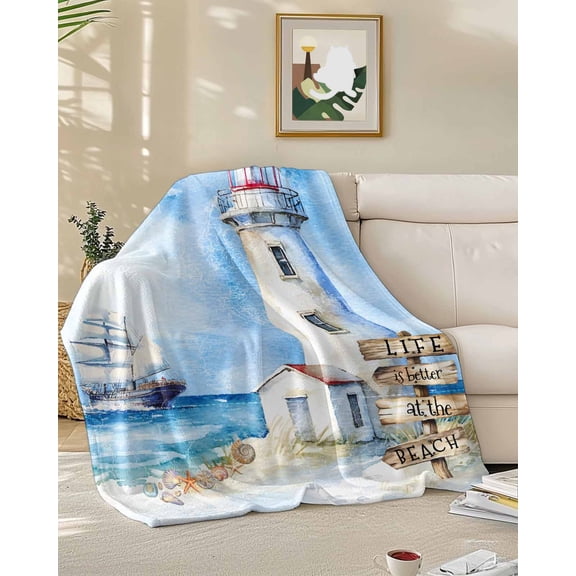 Throw Blanket Fleece Throw Blanket 50x60in, Retro Coastal Seaside Landscape Soft Lightweight Bed Blankets Beach Lighthouse Sailboat Fuzzy Couch Blankets for All Season