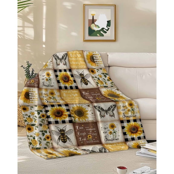 Throw Blanket Fleece Throw Blanket 50x60in, Retro Country Pastoral Plaid Soft Lightweight Bed Blankets Sunflower Bee Butterfly Fuzzy Couch Blankets for All Season
