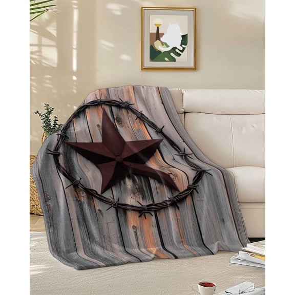 Throw Blanket Fleece Throw Blanket 50x60in, Retro Country Texas Western Star Soft Lightweight Bed Blankets Rustic Vintage Wood Plank Fuzzy Couch Blankets for All Season