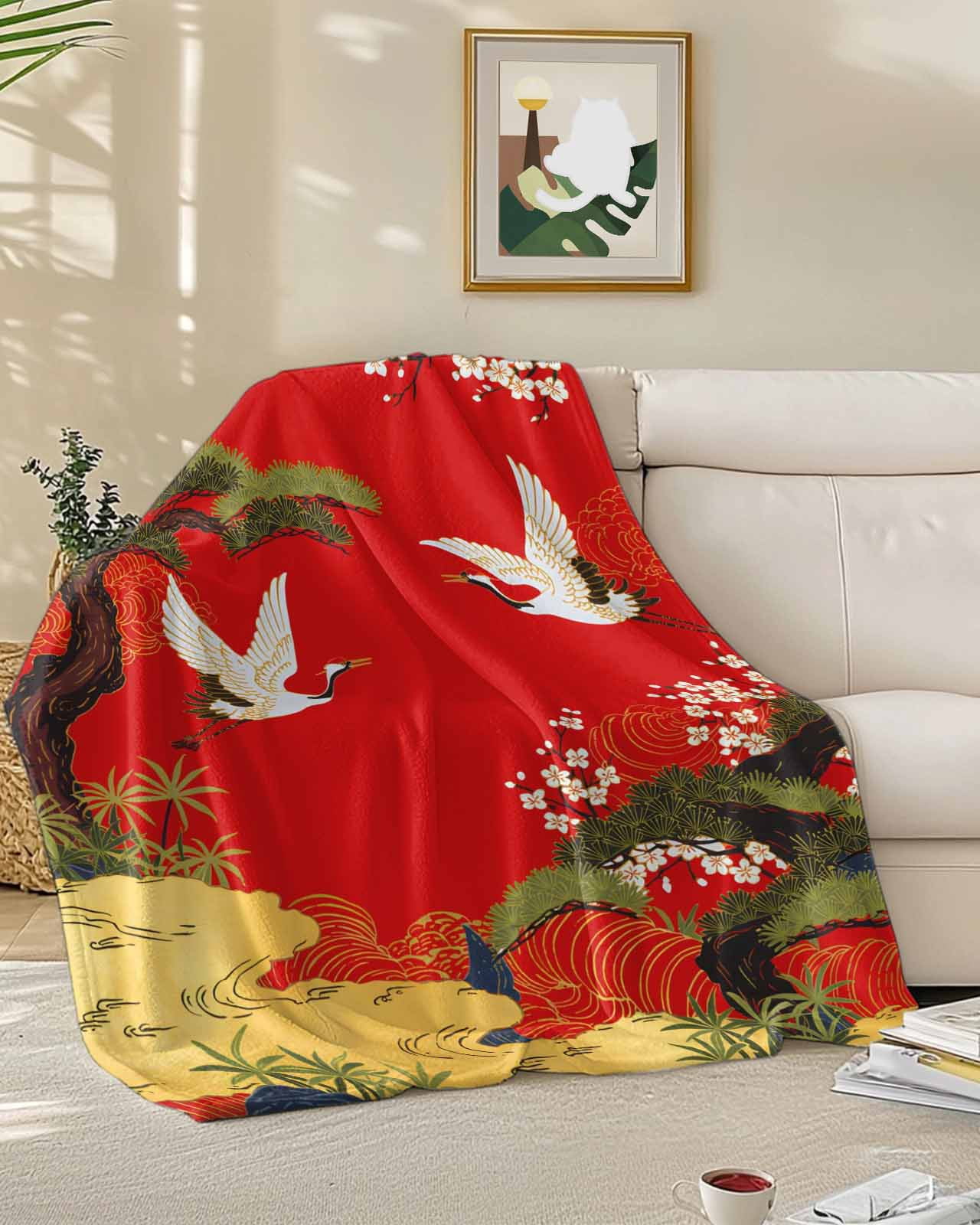 Throw Blanket Fleece Throw Blanket 50x60in, Retro Crane Pine Flower on Red Soft Lightweight Bed Blankets Asian Chinese Pastoral Scenic Fuzzy Couch Blankets for All Season