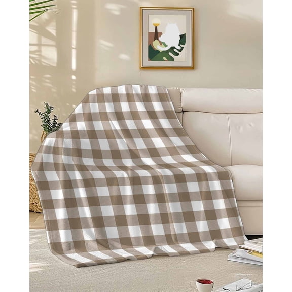 Throw Blanket Fleece Throw Blanket 50x60in, Rural Country Beige White Buffalo Tartan Plaid Soft Lightweight Bed Blankets Minimalist Checkered Fuzzy Couch Blankets for All Season