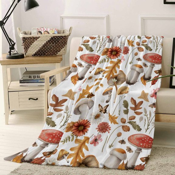 Throw Blanket Fleece Throw Blanket 50x60in, Rustic Autumn Mushroom Floral Leaf Soft Lightweight Bed Blankets Fall Plant Butterfly Fuzzy Couch Blankets for All Season