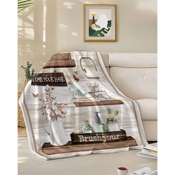 Throw Blanket Fleece Throw Blanket 50x60in, Rustic Flower Wood Butterfly Bottle Soft Lightweight Bed Blankets Bathroom Text Theme Fuzzy Couch Blankets for All Season